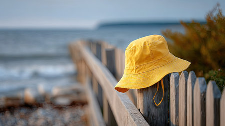 A yellow summer bucket hat hanging on a wooden fence by the seaside, evoking relaxed vacation vibesの素材