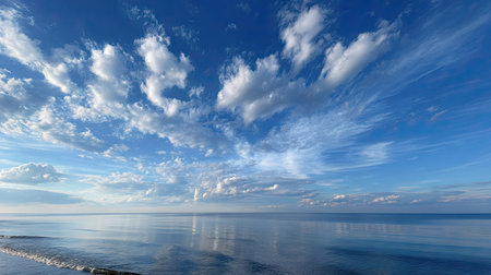 A wide-angle view of the sea meeting the sky, where soft, puffy clouds float above the calm waters, creating a tranquil atmosphereの素材
