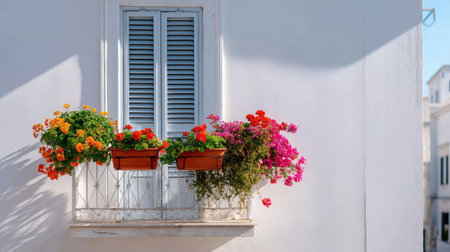 A white-painted balcony with hanging flower baskets under a shuttered window, bright and cheerful urban sceneの素材