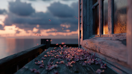 A sunset-lit balcony with glowing flower petals and a rustic wooden window reflecting the evening skyの素材
