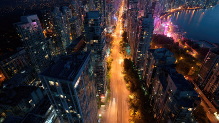Aerial shot of a vibrant city with illuminated streets and high-rise buildings glowing under the night sky, capturing the beauty of city life after darkの素材