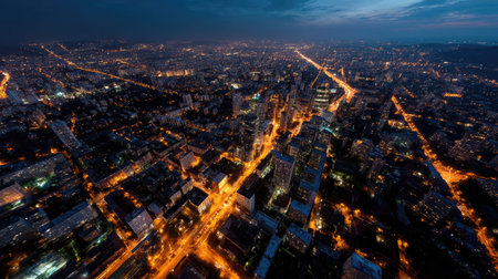 Aerial view of a sprawling city lit up at night, with vibrant street lights and high-rise buildings glowing in the darknessの素材