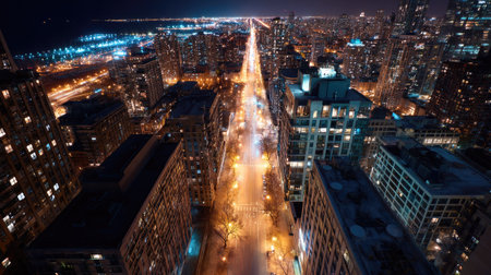 Aerial shot of an illuminated city at night, with streets lined by bright lights and high-rise buildings casting a golden glow across the urban landscapeの素材