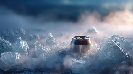 Beverage can with open pull tab, surrounded by shards of ice and mist for a dynamic, just-opened feelの素材
