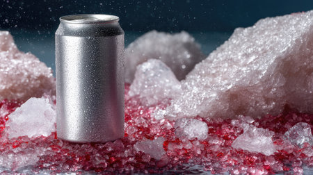 Aluminum can with crushed ice artistically placed around it, modern product photography styleの素材