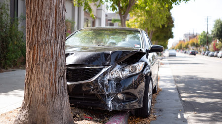 Car with crumpled front bumper after hitting a pole, parts hanging loose and fluids leakingの素材