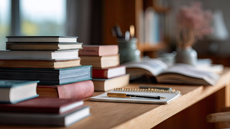 Books arranged in a row on a study table, open notebooks and pens nearby, creating a scholarly atmosphereの素材