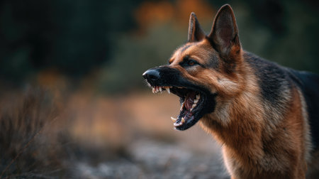 Aggressive German Shepherd showing its teeth, alert and ready to engage in defense modeの素材