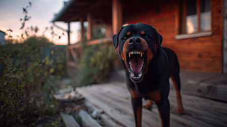 Aggressive Rottweiler with its teeth showing, standing in a protective position on a porchの素材