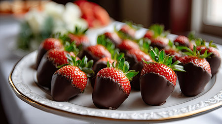 Chocolate-covered strawberries arranged neatly on a platter, perfect for a dessert buffet or romantic eveningの素材