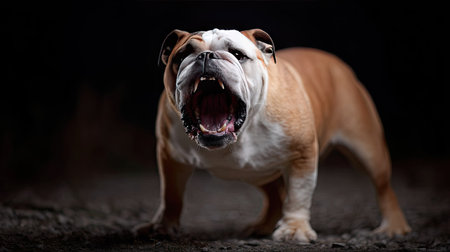 Aggressive bulldog showing its sharp teeth, posture stiff and ears forward in a defensive mannerの素材