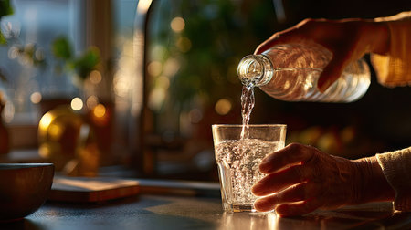 Close-up of a woman's hand pouring water from a glass bottle into a glass, the kitchen light creating a relaxed ambianceの素材