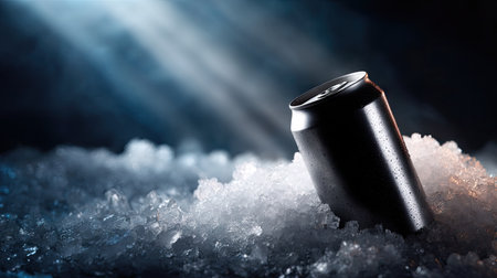 Beverage can tilted in ice, dramatic lighting creating high contrast and a cold, refreshing moodの素材