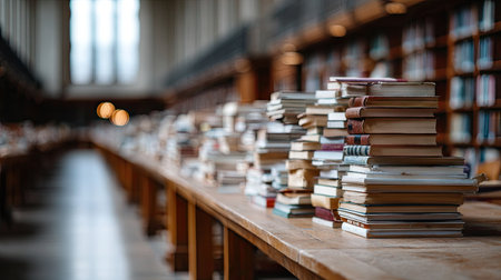 Books stacked high on a long study table in a quiet academic library, ready for deep reading and researchの素材