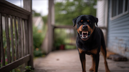 Aggressive Rottweiler with its teeth showing, standing in a protective position on a porchの素材