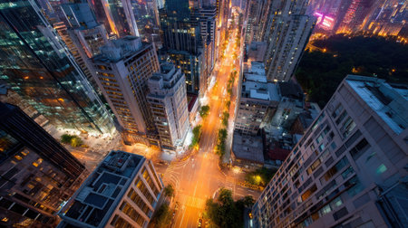 Aerial view of a bustling city at night, with bright street lights illuminating the streets and buildings creating a vibrant skylineの素材