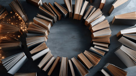 Books placed in a circular arrangement on a table, top view, symbolizing a community of knowledgeの素材