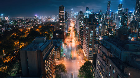 Aerial view of a bustling city at night, with bright street lights illuminating the streets and buildings creating a vibrant skylineの素材