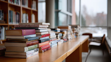 Books stacked high on a long study table in a quiet academic library, ready for deep reading and researchの素材