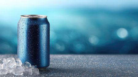 Beverage can with dewy texture and ice clinging to its base, ideal for a cold drink commercial backdropの素材
