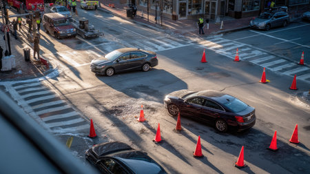 Busy intersection after a crash, two cars stopped at odd angles, traffic cones and responders in viewの素材