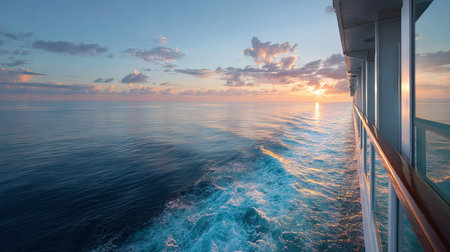 Clear, vibrant ocean view from a cruise ship's balcony, with gentle waves reflecting the light of a setting sunの素材