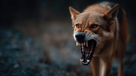 Close-up of a snarling dog with bared teeth, showing aggression and warning in a tense momentの素材