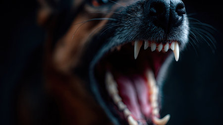 Close-up of a dog's open mouth showing bared teeth, growling in an aggressive and protective mannerの素材
