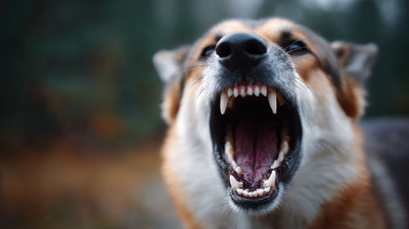 Close-up of a dog's mouth open wide, revealing sharp teeth, showing anger or frustrationの素材