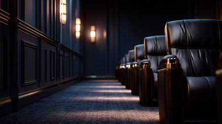 Cinematic hall interior with luxurious seats facing forward, soft glows from aisle lights providing subtle illuminationの素材