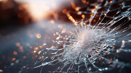 Close-up of a broken windshield with visible spider cracks, aftermath of a high-speed crashの素材