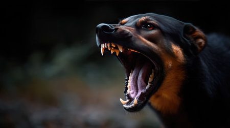 Close-up of an aggressive dog snarling with its mouth wide open, showcasing dangerous teeth and aggressionの素材