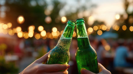 Close-up of two green beer bottles clinking together in a celebratory toast, with a festive outdoor party scene in the backgroundの素材