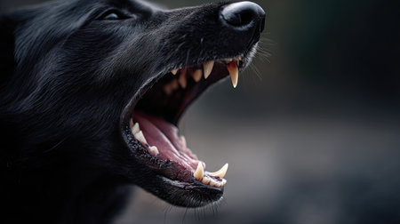 Close-up of a dog's open mouth showing bared teeth, growling in an aggressive and protective mannerの素材