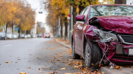 Car with crumpled front bumper after hitting a pole, parts hanging loose and fluids leakingの素材