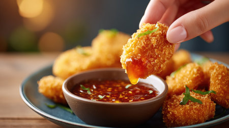 Close-up of a woman's hand holding a chicken nugget and dipping it into a bowl of sweet and tangy dipping sauceの素材