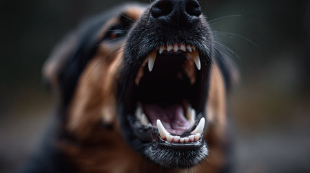 Close-up of a dog's mouth open wide, revealing sharp teeth, showing anger or frustrationの素材