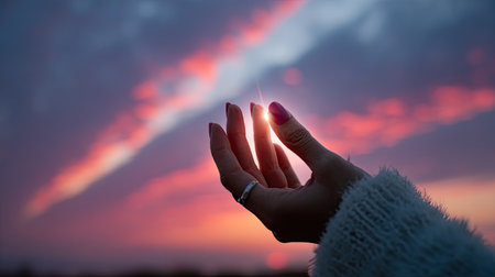 Close-up of a woman's fingertips glowing against a colorful dusk sky, light spilling between her fingersの素材