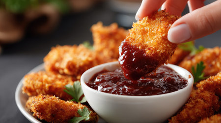 Close-up of a woman dipping a crispy chicken nugget into a rich barbecue sauce, ready to take a delicious biteの素材