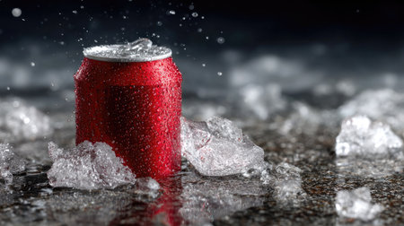 Close-up of unopened beverage can in cracked ice, surrounded by water droplets and slight reflectionsの素材