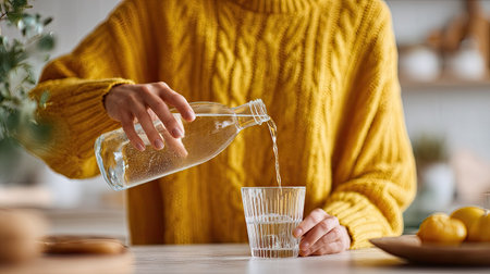 Close-up of a woman in a bright, minimalistic kitchen pouring water from a transparent bottle into a glass cupの素材
