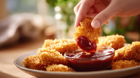 Close-up of a woman's hand dipping a crispy chicken nugget into tangy barbecue sauce, with a plate of freshly cooked nuggets on the tableの素材