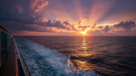 Beautiful sunrise over the ocean from a cruise ship, with the sun casting a warm glow on the waterの素材