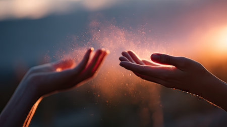 Close-up of graceful female hands illuminated by warm sunset rays, glowing softly with a dreamy, ethereal feelの素材