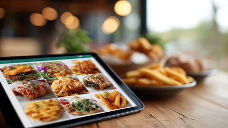 Colorful fast food delivery menu displayed on a tablet screen, showcasing various meal options and combo dealsの素材
