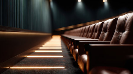 Cinematic hall interior with luxurious seats facing forward, soft glows from aisle lights providing subtle illuminationの素材
