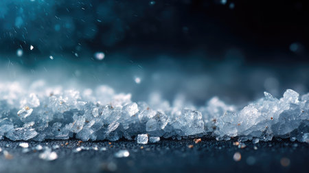 Close-up view of finely crushed ice crystals with subtle lighting on a dark backdrop, focusing on texture and chillの素材