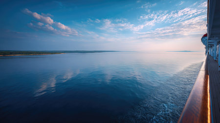 Cruise ship sailing in open waters, with the calm sea and distant land visible from the deck in the afternoon lightの素材