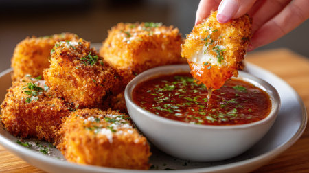 Close-up of a woman's hand holding a chicken nugget and dipping it into a bowl of sweet and tangy dipping sauceの素材