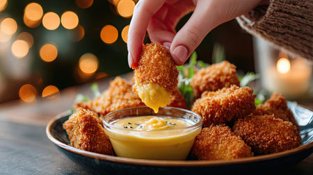 Close-up of a woman's hand dipping a hot chicken nugget into honey mustard sauce, looking at the plate with anticipationの素材